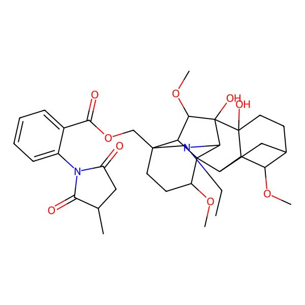 2D Structure of [(1S,2R,3R,4S,5S,8R,9S,10S,13S,16S,17R,18S)-11-ethyl-8,9-dihydroxy-4,16,18-trimethoxy-11-azahexacyclo[7.7.2.12,5.01,10.03,8.013,17]nonadecan-13-yl]methyl 2-[(3S)-3-methyl-2,5-dioxopyrrolidin-1-yl]benzoate