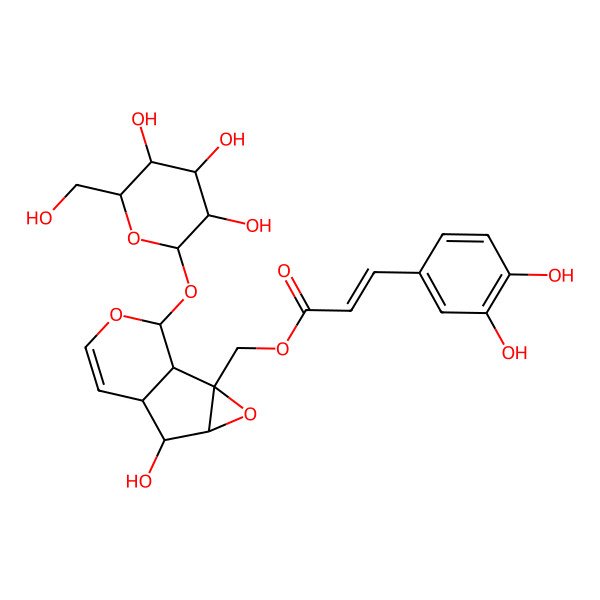 2D Structure of [5-Hydroxy-10-[3,4,5-trihydroxy-6-(hydroxymethyl)oxan-2-yl]oxy-3,9-dioxatricyclo[4.4.0.02,4]dec-7-en-2-yl]methyl 3-(3,4-dihydroxyphenyl)prop-2-enoate