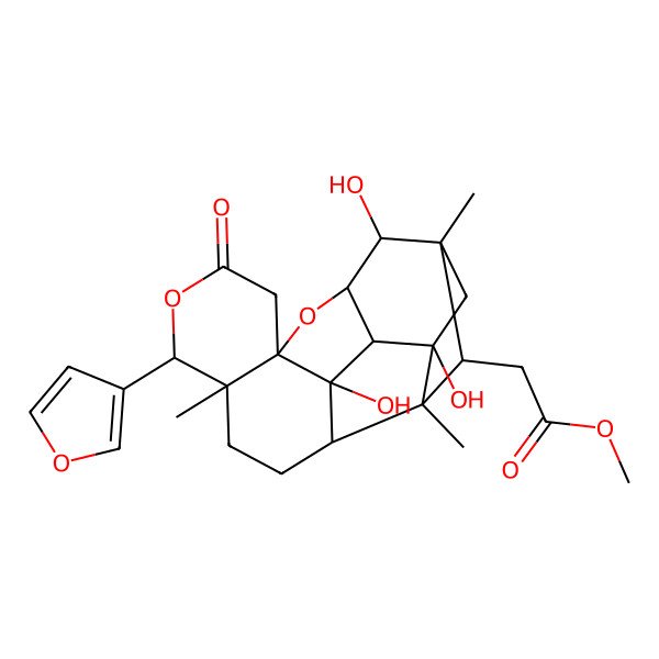 2D Structure of methyl 2-[(1S,2S,3S,7S,8S,12R,14R,15S,16R,17S,18S)-8-(furan-3-yl)-1,3,15-trihydroxy-7,16,18-trimethyl-10-oxo-9,13-dioxahexacyclo[14.2.1.02,14.03,12.04,18.07,12]nonadecan-17-yl]acetate