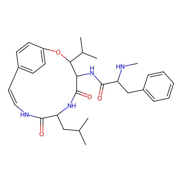 2D Structure of 2-(methylamino)-N-[(10E)-7-(2-methylpropyl)-5,8-dioxo-3-propan-2-yl-2-oxa-6,9-diazabicyclo[10.2.2]hexadeca-1(14),10,12,15-tetraen-4-yl]-3-phenylpropanamide