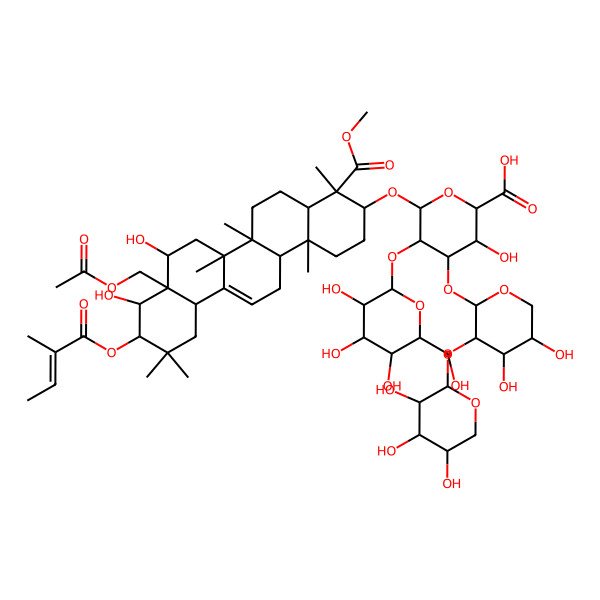 2D Structure of 6-[[8a-(Acetyloxymethyl)-8,9-dihydroxy-4-methoxycarbonyl-4,6a,6b,11,11,14b-hexamethyl-10-(2-methylbut-2-enoyloxy)-1,2,3,4a,5,6,7,8,9,10,12,12a,14,14a-tetradecahydropicen-3-yl]oxy]-4-[4,5-dihydroxy-3-(3,4,5-trihydroxyoxan-2-yl)oxyoxan-2-yl]oxy-3-hydroxy-5-[3,4,5-trihydroxy-6-(hydroxymethyl)oxan-2-yl]oxyoxane-2-carboxylic acid