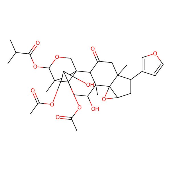 2D Structure of [(1S,2R,5S,6S,8R,10R,11S,12R,14R,15R,16R,19R,20R,21S)-20,21-diacetyloxy-6-(furan-3-yl)-12,19-dihydroxy-5,11,15-trimethyl-3-oxo-9,17-dioxahexacyclo[13.3.3.01,14.02,11.05,10.08,10]henicosan-16-yl] 2-methylpropanoate