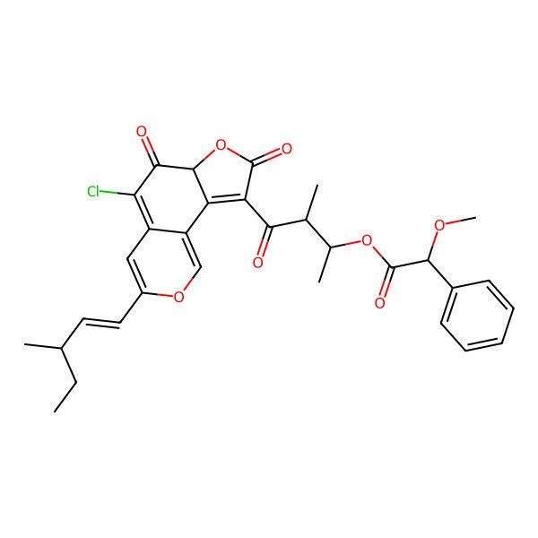 2D Structure of [(2S,3S)-4-[5-chloro-3-[(E,3S)-3-methylpent-1-enyl]-6,8-dioxo-6aH-furo[2,3-h]isochromen-9-yl]-3-methyl-4-oxobutan-2-yl] (2R)-2-methoxy-2-phenylacetate