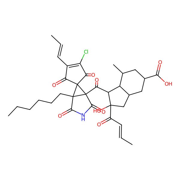 2D Structure of 2-But-2-enoyl-1-(1'-chloro-5-hexyl-2,3',4,5'-tetraoxo-2'-prop-1-enylspiro[3-azabicyclo[3.1.0]hexane-6,4'-cyclopentene]-1-carbonyl)-2-hydroxy-7-methyl-1,3,3a,4,5,6,7,7a-octahydroindene-5-carboxylic acid