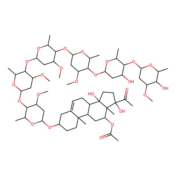 2D Structure of [(3S,8R,9S,10R,12R,13S,14S,17S)-17-acetyl-14,17-dihydroxy-3-[(2R,4S,5R,6R)-5-[(2S,4R,5S,6S)-5-[(2S,4R,5S,6S)-5-[(2S,4S,5R,6R)-5-[(2S,4S,5S,6R)-4-hydroxy-5-[(2S,4R,5S,6S)-5-hydroxy-4-methoxy-6-methyloxan-2-yl]oxy-6-methyloxan-2-yl]oxy-4-methoxy-6-methyloxan-2-yl]oxy-4-methoxy-6-methyloxan-2-yl]oxy-4-methoxy-6-methyloxan-2-yl]oxy-4-methoxy-6-methyloxan-2-yl]oxy-10,13-dimethyl-2,3,4,7,8,9,11,12,15,16-decahydro-1H-cyclopenta[a]phenanthren-12-yl] acetate