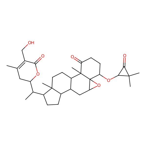 2D Structure of 6-(2,2-Dimethyl-3-oxocyclopropyl)oxy-15-[1-[5-(hydroxymethyl)-4-methyl-6-oxo-2,3-dihydropyran-2-yl]ethyl]-2,16-dimethyl-8-oxapentacyclo[9.7.0.02,7.07,9.012,16]octadecan-3-one