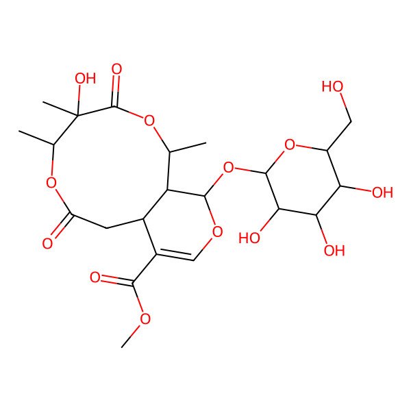 2D Structure of methyl (1S,4S,5S,8aS,12S,12aS)-4-hydroxy-1,4,5-trimethyl-3,7-dioxo-12-[(2S,3R,4S,5S,6R)-3,4,5-trihydroxy-6-(hydroxymethyl)oxan-2-yl]oxy-1,5,8,8a,12,12a-hexahydropyrano[3,4-g][1,5]dioxecine-9-carboxylate