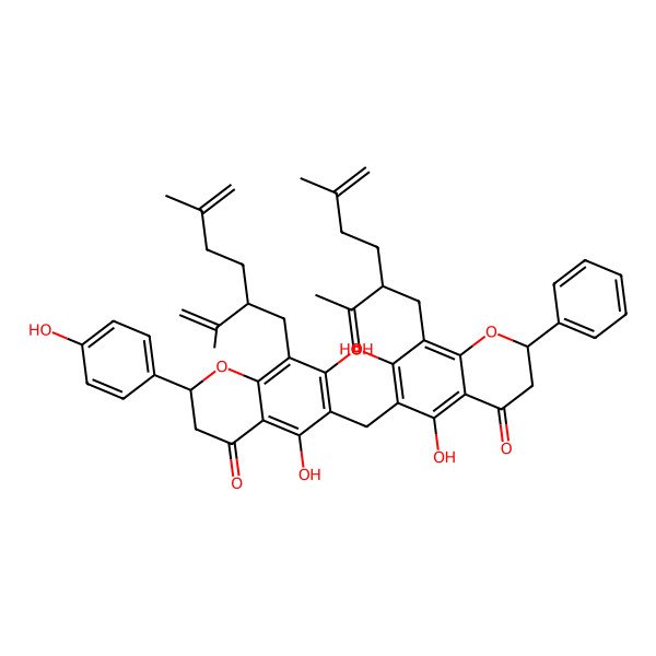 2D Structure of 6-[[5,7-Dihydroxy-2-(4-hydroxyphenyl)-8-(5-methyl-2-prop-1-en-2-ylhex-5-enyl)-4-oxo-2,3-dihydrochromen-6-yl]methyl]-5,7-dihydroxy-8-(5-methyl-2-prop-1-en-2-ylhex-5-enyl)-2-phenyl-2,3-dihydrochromen-4-one