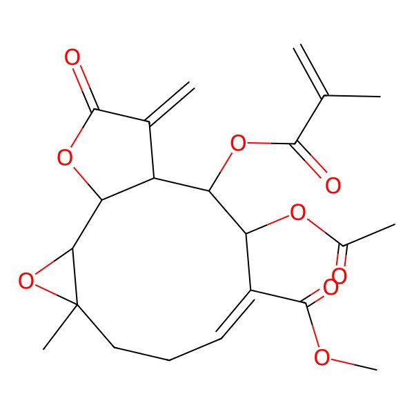 2D Structure of methyl (1S,2R,4R,7E,9S,10S,11R)-9-acetyloxy-4-methyl-12-methylidene-10-(2-methylprop-2-enoyloxy)-13-oxo-3,14-dioxatricyclo[9.3.0.02,4]tetradec-7-ene-8-carboxylate