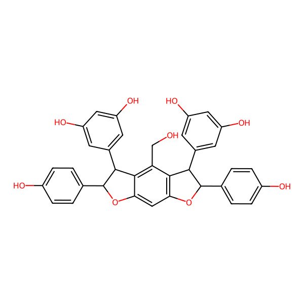 2D Structure of 5-[(2R,3R,5R,6R)-3-(3,5-dihydroxyphenyl)-4-(hydroxymethyl)-2,6-bis(4-hydroxyphenyl)-2,3,5,6-tetrahydrofuro[3,2-f][1]benzofuran-5-yl]benzene-1,3-diol