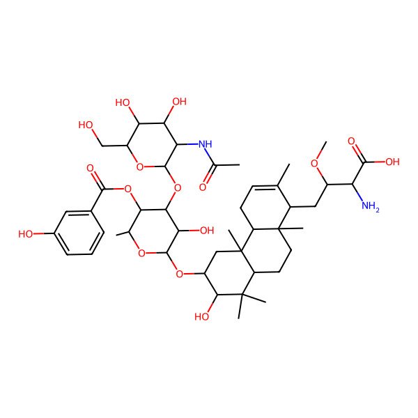 2D Structure of (2S,3R)-4-[(1R,4aR,4bS,6S,7S,8aS,10aS)-6-[(2S,3R,4R,5S,6S)-4-[(2S,3R,4R,5S,6S)-3-acetamido-4,5-dihydroxy-6-(hydroxymethyl)oxan-2-yl]oxy-3-hydroxy-5-(3-hydroxybenzoyl)oxy-6-methyloxan-2-yl]oxy-7-hydroxy-2,4b,8,8,10a-pentamethyl-4,4a,5,6,7,8a,9,10-octahydro-1H-phenanthren-1-yl]-2-amino-3-methoxybutanoic acid