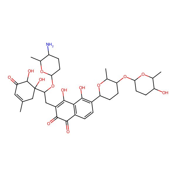 2D Structure of 3-[2-(5-Amino-6-methyloxan-2-yl)oxy-2-(1,6-dihydroxy-3-methyl-5-oxocyclohex-3-en-1-yl)ethyl]-4,5-dihydroxy-6-[5-(5-hydroxy-6-methyloxan-2-yl)oxy-6-methyloxan-2-yl]naphthalene-1,2-dione