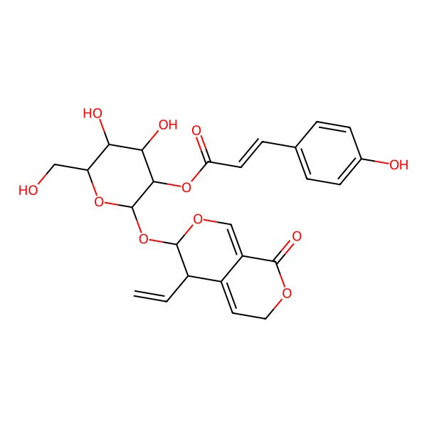 2D Structure of [(2S,3R,4S,5S,6R)-2-[[(3S,4R)-4-ethenyl-8-oxo-4,6-dihydro-3H-pyrano[3,4-c]pyran-3-yl]oxy]-4,5-dihydroxy-6-(hydroxymethyl)oxan-3-yl] (E)-3-(4-hydroxyphenyl)prop-2-enoate