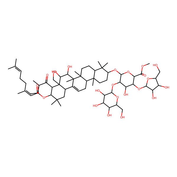 2D Structure of methyl (2S,3S,4S,5R,6R)-6-[[(3S,4aR,6aR,6bS,7R,8S,8aR,9R,10S,12aS,14aR,14bR)-10-[(2E)-3,7-dimethylocta-2,6-dienoyl]oxy-7,8-dihydroxy-8a-(hydroxymethyl)-4,4,6a,6b,11,11,14b-heptamethyl-9-(2-methylbutanoyl)-1,2,3,4a,5,6,7,8,9,10,12,12a,14,14a-tetradecahydropicen-3-yl]oxy]-3-[(2S,3R,4R,5S)-3,4-dihydroxy-5-(hydroxymethyl)oxolan-2-yl]oxy-4-hydroxy-5-[(2S,3R,4S,5S,6R)-3,4,5-trihydroxy-6-(hydroxymethyl)oxan-2-yl]oxyoxane-2-carboxylate