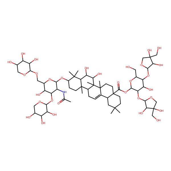 2D Structure of [(2S,3R,4S,5S,6R)-3,5-bis[[(2S,3R,4R)-3,4-dihydroxy-4-(hydroxymethyl)oxolan-2-yl]oxy]-4-hydroxy-6-(hydroxymethyl)oxan-2-yl] (4aS,6aR,6aR,6bR,7S,8R,8aR,10S,12aR,14bS)-10-[(2R,3R,4R,5S,6R)-3-acetamido-5-hydroxy-4-[(2S,3R,4S,5R)-3,4,5-trihydroxyoxan-2-yl]oxy-6-[[(2S,3R,4S,5S)-3,4,5-trihydroxyoxan-2-yl]oxymethyl]oxan-2-yl]oxy-7,8-dihydroxy-2,2,6a,6b,9,9,12a-heptamethyl-1,3,4,5,6,6a,7,8,8a,10,11,12,13,14b-tetradecahydropicene-4a-carboxylate