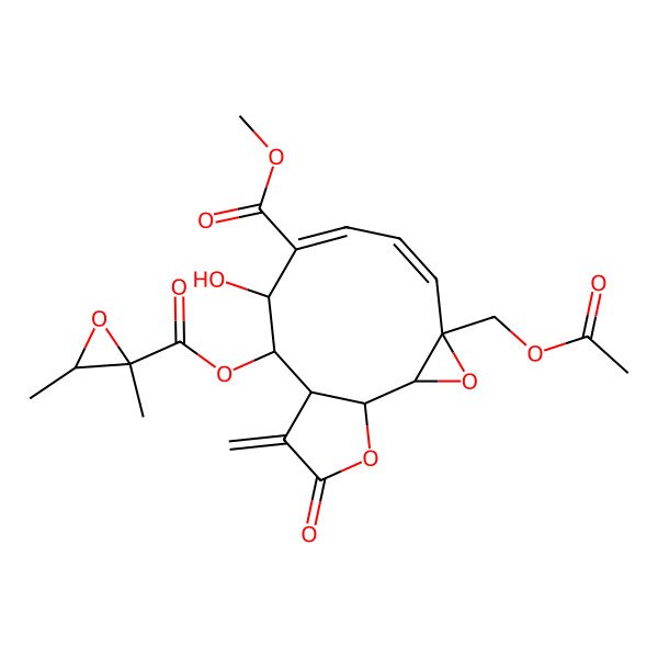 2D Structure of Methyl 4-(acetyloxymethyl)-10-(2,3-dimethyloxirane-2-carbonyl)oxy-9-hydroxy-12-methylidene-13-oxo-3,14-dioxatricyclo[9.3.0.02,4]tetradeca-5,7-diene-8-carboxylate