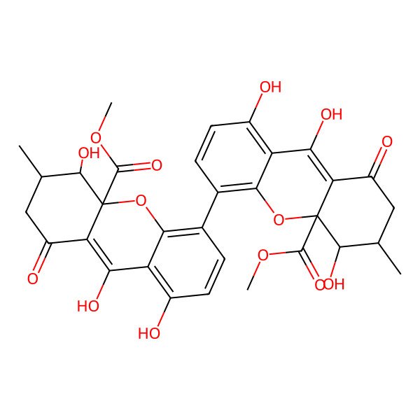 2D Structure of methyl 4,8,9-trihydroxy-3-methyl-1-oxo-5-(1,5,9-trihydroxy-10a-methoxycarbonyl-6-methyl-8-oxo-6,7-dihydro-5H-xanthen-4-yl)-3,4-dihydro-2H-xanthene-4a-carboxylate