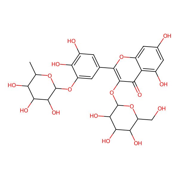 2D Structure of 2-[3,4-Dihydroxy-5-(3,4,5-trihydroxy-6-methyloxan-2-yl)oxyphenyl]-5,7-dihydroxy-3-[3,4,5-trihydroxy-6-(hydroxymethyl)oxan-2-yl]oxychromen-4-one