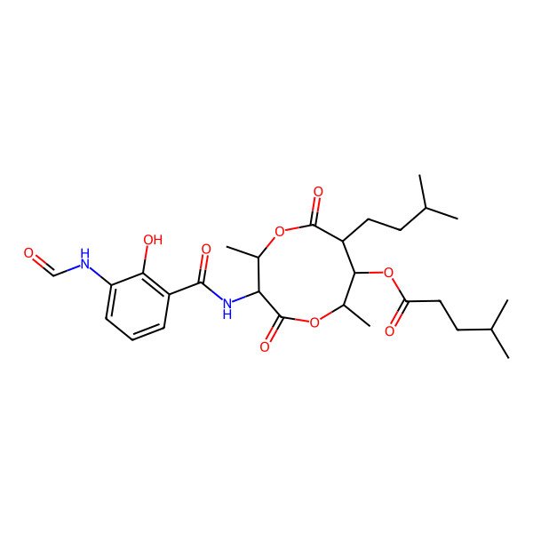 2D Structure of [3-[(3-Formamido-2-hydroxybenzoyl)amino]-2,6-dimethyl-8-(3-methylbutyl)-4,9-dioxo-1,5-dioxonan-7-yl] 4-methylpentanoate
