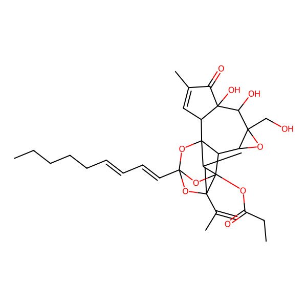 2D Structure of [(1R,2R,6S,7S,8R,10S,11S,12R,14S,16S,17R,18R)-6,7-dihydroxy-8-(hydroxymethyl)-4,18-dimethyl-14-[(1E,3E)-nona-1,3-dienyl]-5-oxo-16-prop-1-en-2-yl-9,13,15,19-tetraoxahexacyclo[12.4.1.01,11.02,6.08,10.012,16]nonadec-3-en-17-yl] propanoate