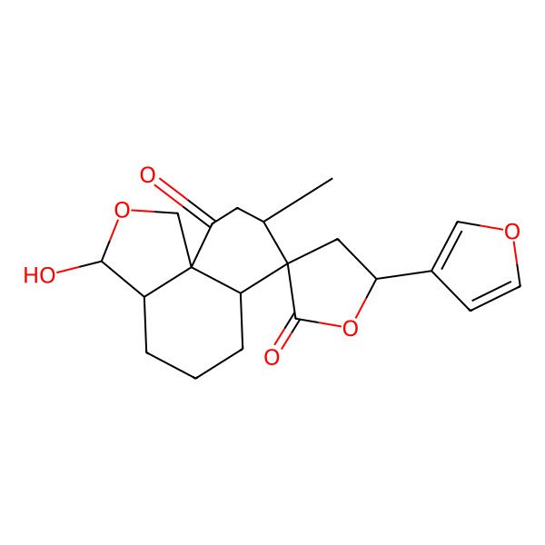 2D Structure of (3R,3aR,5'S,6aS,7R,8R,10aS)-5'-(furan-3-yl)-3-hydroxy-8-methylspiro[3,3a,4,5,6,6a,8,9-octahydro-1H-benzo[d][2]benzofuran-7,3'-oxolane]-2',10-dione