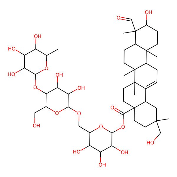 2D Structure of [(2S,3R,4S,5S,6R)-6-[[(2R,3R,4R,5S,6R)-3,4-dihydroxy-6-(hydroxymethyl)-5-[(2S,3R,4R,5R,6S)-3,4,5-trihydroxy-6-methyloxan-2-yl]oxyoxan-2-yl]oxymethyl]-3,4,5-trihydroxyoxan-2-yl] (2R,4aR,6aR,6aS,6bR,8aR,9S,10R,12aR,14bS)-9-formyl-10-hydroxy-2-(hydroxymethyl)-2,6a,6b,9,12a-pentamethyl-1,3,4,5,6,6a,7,8,8a,10,11,12,13,14b-tetradecahydropicene-4a-carboxylate