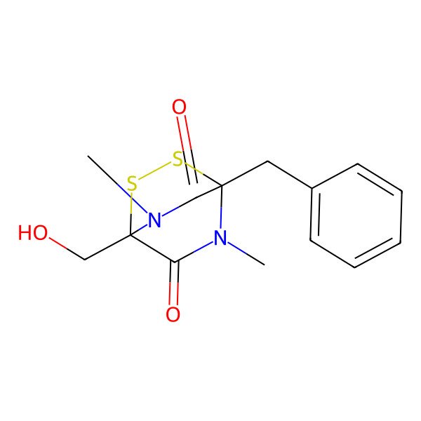 2D Structure of 1-Benzyl-4-(hydroxymethyl)-5,7-dimethyl-2,3-dithia-5,7-diazabicyclo(2.2.2)octane-6,8-dione