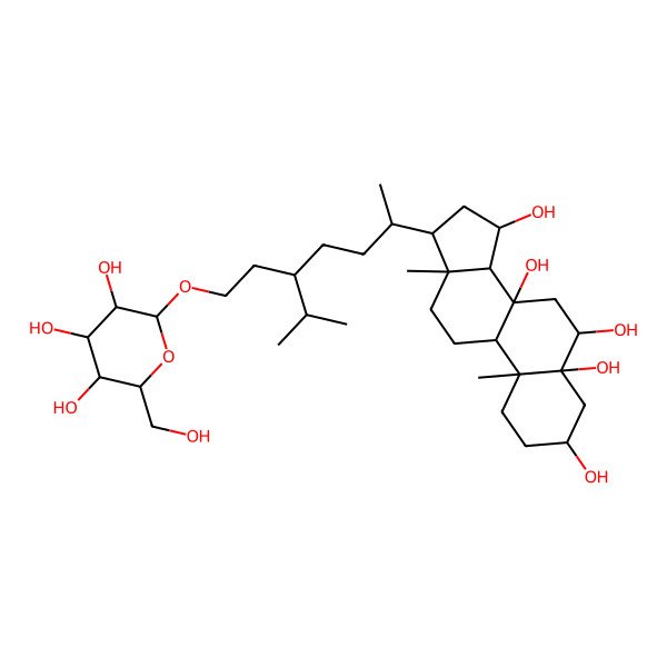 2D Structure of (3S,5R,6R,8S,9R,10R,13R,14S,15S,17R)-10,13-dimethyl-17-[(2R,5R)-6-methyl-5-[2-[(2R,3R,4S,5S,6R)-3,4,5-trihydroxy-6-(hydroxymethyl)oxan-2-yl]oxyethyl]heptan-2-yl]-2,3,4,6,7,9,11,12,14,15,16,17-dodecahydro-1H-cyclopenta[a]phenanthrene-3,5,6,8,15-pentol