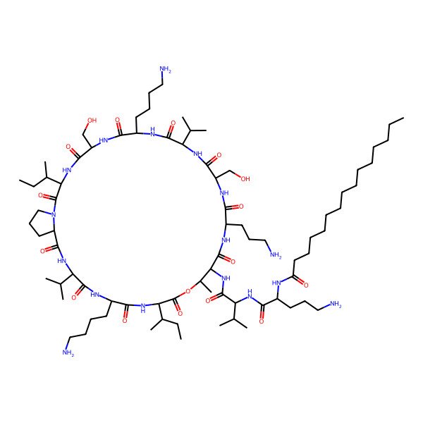 2D Structure of pentadecanoyl-DL-Orn-DL-Val-DL-xiThr(1)-DL-Orn-DL-Ser-DL-Val-DL-Lys-DL-Ser-DL-xiIle-DL-Pro-DL-Val-DL-Lys-DL-xiIle-(1)