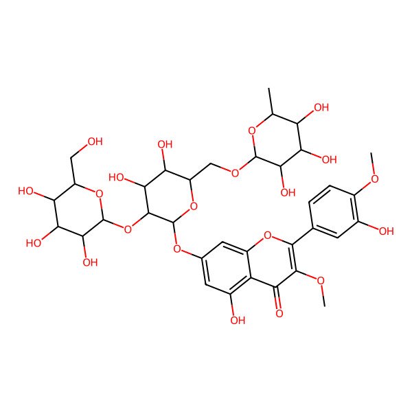 2D Structure of 7-[(2S,3R,4S,5S,6R)-4,5-dihydroxy-3-[(2S,3R,4S,5S,6R)-3,4,5-trihydroxy-6-(hydroxymethyl)oxan-2-yl]oxy-6-[[(2R,3R,4R,5R,6S)-3,4,5-trihydroxy-6-methyloxan-2-yl]oxymethyl]oxan-2-yl]oxy-5-hydroxy-2-(3-hydroxy-4-methoxyphenyl)-3-methoxychromen-4-one