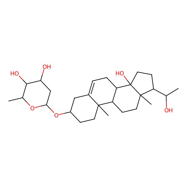 2D Structure of (2R,3S,4R,6R)-6-[[(3S,8R,9S,10R,13R,14S,17S)-14-hydroxy-17-[(1S)-1-hydroxyethyl]-10,13-dimethyl-1,2,3,4,7,8,9,11,12,15,16,17-dodecahydrocyclopenta[a]phenanthren-3-yl]oxy]-2-methyloxane-3,4-diol