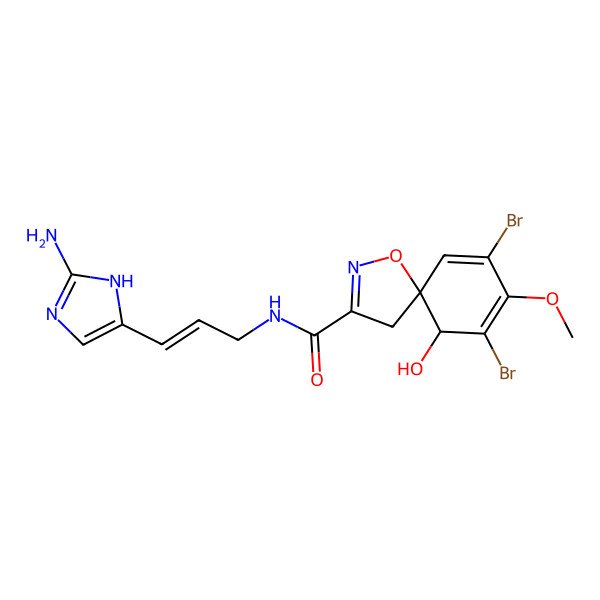 2D Structure of (5S,6R)-N-[(Z)-3-(2-amino-1H-imidazol-5-yl)prop-2-enyl]-7,9-dibromo-6-hydroxy-8-methoxy-1-oxa-2-azaspiro[4.5]deca-2,7,9-triene-3-carboxamide