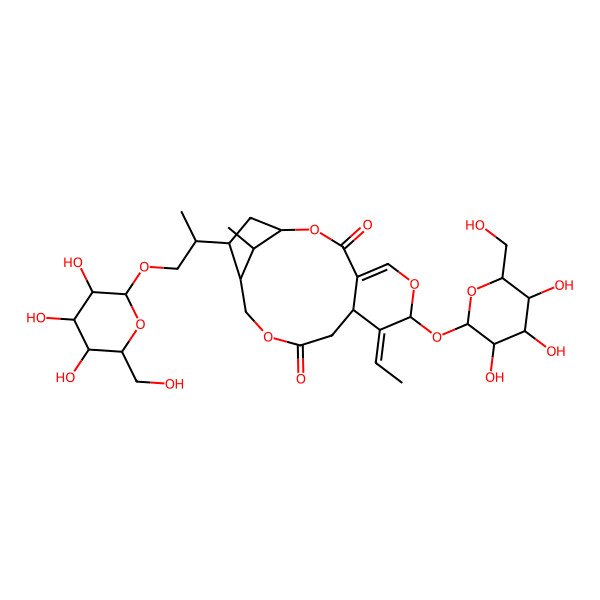 2D Structure of 8-Ethylidene-17-methyl-7-[3,4,5-trihydroxy-6-(hydroxymethyl)oxan-2-yl]oxy-15-[1-[3,4,5-trihydroxy-6-(hydroxymethyl)oxan-2-yl]oxypropan-2-yl]-2,6,12-trioxatricyclo[12.2.1.04,9]heptadec-4-ene-3,11-dione