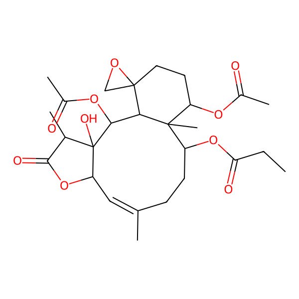 2D Structure of [(1S,2R,3S,4R,7S,8Z,12S,13R,14S,17R)-2,14-diacetyloxy-3-hydroxy-4,9,13-trimethyl-5-oxospiro[6-oxatricyclo[11.4.0.03,7]heptadec-8-ene-17,2'-oxirane]-12-yl] propanoate