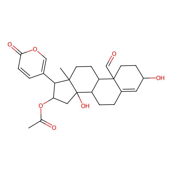 2D Structure of [10-Formyl-3,14-dihydroxy-13-methyl-17-(6-oxopyran-3-yl)-1,2,3,6,7,8,9,11,12,15,16,17-dodecahydrocyclopenta[a]phenanthren-16-yl] acetate