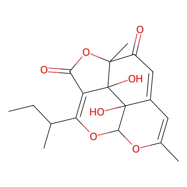 2D Structure of 2-Butan-2-yl-14,15-dihydroxy-6,11-dimethyl-3,5,12-trioxatetracyclo[6.5.2.04,15.011,14]pentadeca-1,6,8-triene-10,13-dione