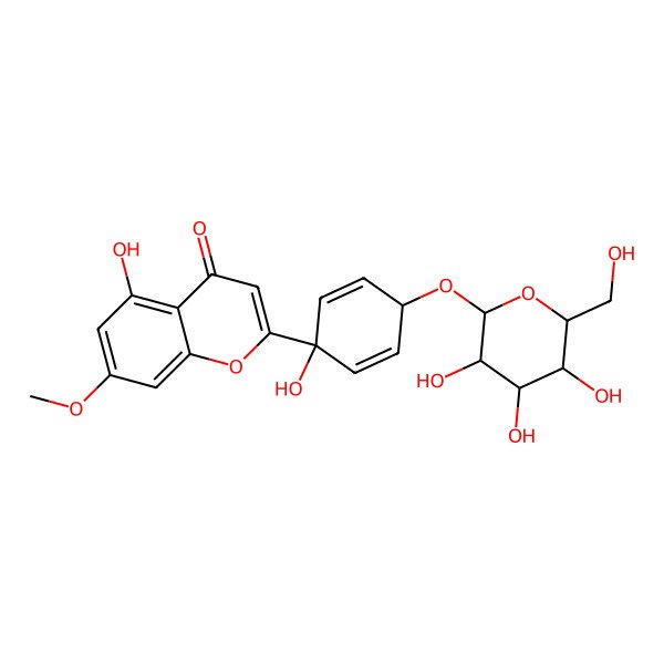 2D Structure of 5-Hydroxy-2-[1-hydroxy-4-[3,4,5-trihydroxy-6-(hydroxymethyl)oxan-2-yl]oxycyclohexa-2,5-dien-1-yl]-7-methoxychromen-4-one
