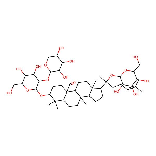 2D Structure of (3S,5S,8S,9S,10S,13S,14S,17S)-3-[(2R,3R,4S,5S,6R)-4,5-dihydroxy-6-(hydroxymethyl)-3-[(2S,3R,4S,5S)-3,4,5-trihydroxyoxan-2-yl]oxyoxan-2-yl]oxy-4,4,8,13-tetramethyl-17-[(2S)-6-methyl-2-[(2S,3R,4S,5S,6R)-3,4,5-trihydroxy-6-(hydroxymethyl)oxan-2-yl]oxyhept-5-en-2-yl]-2,3,5,6,7,9,11,12,14,15,16,17-dodecahydro-1H-cyclopenta[a]phenanthrene-10-carbaldehyde