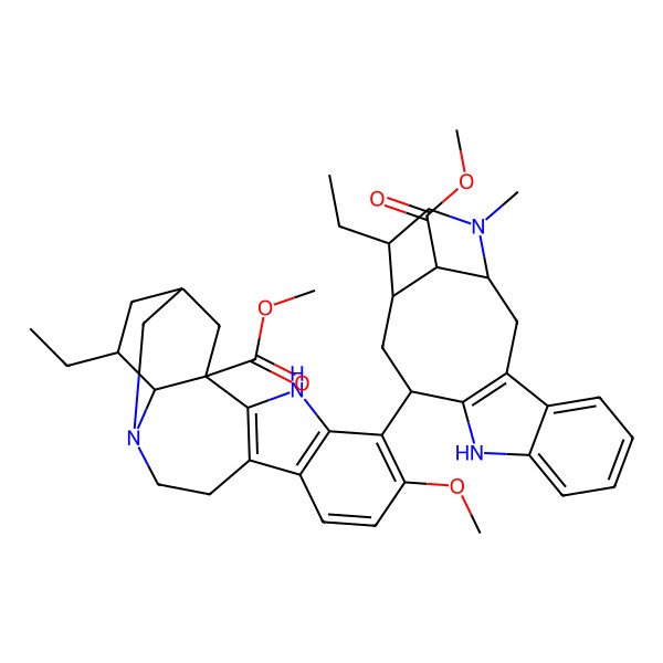 2D Structure of methyl (1R,15S,17R,18R)-17-ethyl-5-[(1R,12R,14R,15S,18S)-15-ethyl-18-methoxycarbonyl-17-methyl-10,17-diazatetracyclo[12.3.1.03,11.04,9]octadeca-3(11),4,6,8-tetraen-12-yl]-6-methoxy-3,13-diazapentacyclo[13.3.1.02,10.04,9.013,18]nonadeca-2(10),4(9),5,7-tetraene-1-carboxylate