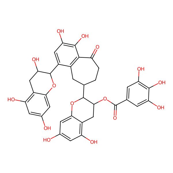 2D Structure of [(2R,3R)-2-[1,2-dihydroxy-9-oxo-4-[(2R,3R)-3,5,7-trihydroxy-3,4-dihydro-2H-chromen-2-yl]-5,6,7,8-tetrahydrobenzo[7]annulen-6-yl]-5,7-dihydroxy-3,4-dihydro-2H-chromen-3-yl] 3,4,5-trihydroxybenzoate