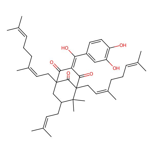 2D Structure of (1R,5S,7R)-3-[(3,4-dihydroxyphenyl)-hydroxymethylidene]-1,5-bis[(2E)-3,7-dimethylocta-2,6-dienyl]-6,6-dimethyl-7-(3-methylbut-2-enyl)bicyclo[3.3.1]nonane-2,4,9-trione