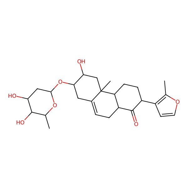 2D Structure of (2R,4aS,4bR,6R,7R,10aR)-7-[(2S,4S,5S,6R)-4,5-dihydroxy-6-methyloxan-2-yl]oxy-6-hydroxy-4b-methyl-2-(2-methylfuran-3-yl)-2,3,4,4a,5,6,7,8,10,10a-decahydrophenanthren-1-one