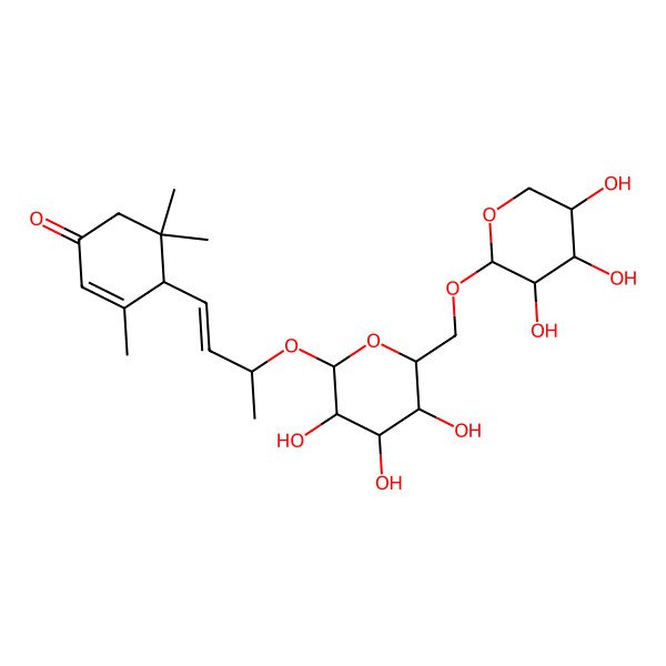 2D Structure of (4R)-3,5,5-trimethyl-4-[(E,3R)-3-[(2R,3R,4S,5S,6R)-3,4,5-trihydroxy-6-[[(2S,3R,4S,5R)-3,4,5-trihydroxyoxan-2-yl]oxymethyl]oxan-2-yl]oxybut-1-enyl]cyclohex-2-en-1-one