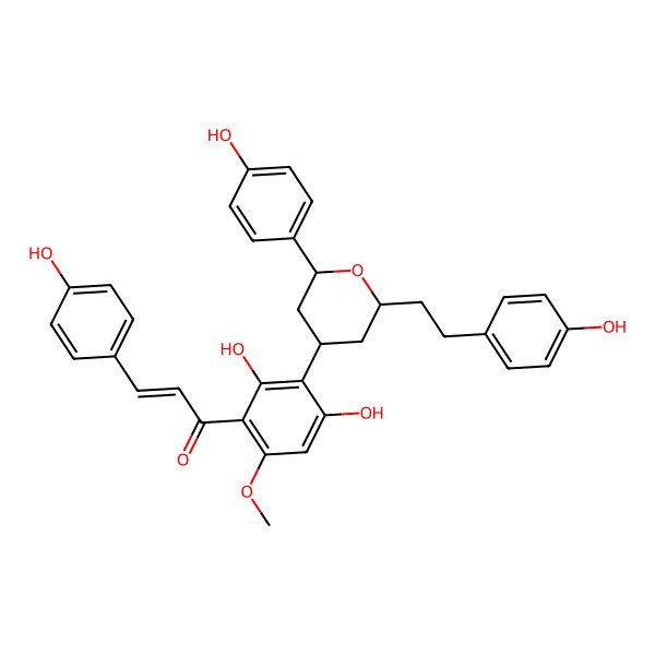 2D Structure of 1-[2,4-Dihydroxy-3-[2-(4-hydroxyphenyl)-6-[2-(4-hydroxyphenyl)ethyl]oxan-4-yl]-6-methoxyphenyl]-3-(4-hydroxyphenyl)prop-2-en-1-one