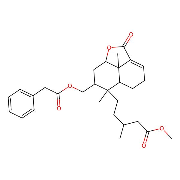 2D Structure of Methyl 5-[9,12-dimethyl-3-oxo-10-[(2-phenylacetyl)oxymethyl]-2-oxatricyclo[6.3.1.04,12]dodec-4-en-9-yl]-3-methylpentanoate