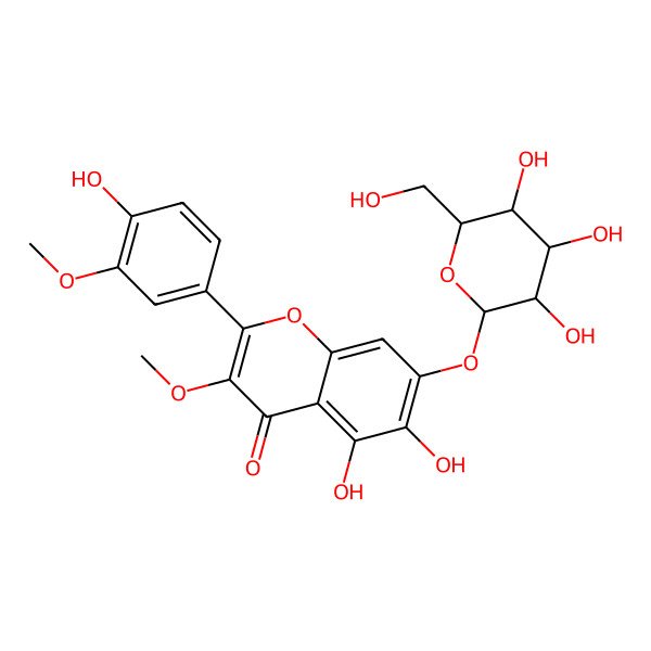 2D Structure of 5,6-dihydroxy-2-(4-hydroxy-3-methoxyphenyl)-3-methoxy-7-[(2S,3R,4S,5S,6R)-3,4,5-trihydroxy-6-(hydroxymethyl)oxan-2-yl]oxychromen-4-one