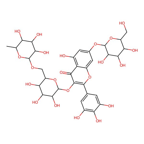 2D Structure of 5-hydroxy-7-[(2S,3R,4S,5S,6R)-3,4,5-trihydroxy-6-(hydroxymethyl)oxan-2-yl]oxy-2-(3,4,5-trihydroxyphenyl)-3-[(2S,3S,4R,5S,6R)-3,4,5-trihydroxy-6-[[(2R,3R,4S,5R,6S)-3,4,5-trihydroxy-6-methyloxan-2-yl]oxymethyl]oxan-2-yl]oxychromen-4-one