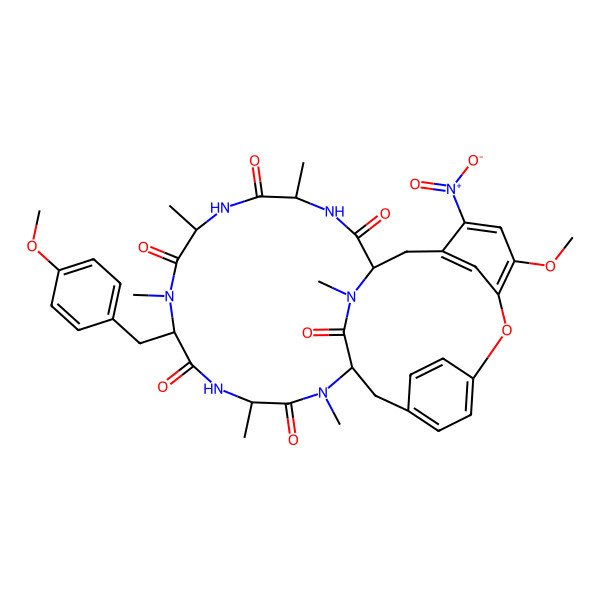 2D Structure of (1S,4R,7S,10S,13S,16S)-24-methoxy-10-[(4-methoxyphenyl)methyl]-4,7,9,13,15,29-hexamethyl-26-nitro-22-oxa-3,6,9,12,15,29-hexazatetracyclo[14.12.2.218,21.123,27]tritriaconta-18,20,23,25,27(31),32-hexaene-2,5,8,11,14,30-hexone