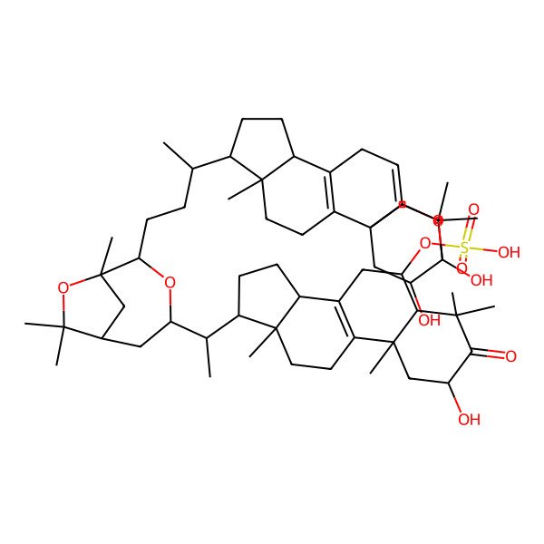 2D Structure of [(2S,5R,6S,10S,13R,14R,17R)-17-[(1S)-1-[(1R,2S,4R,6R)-2-[(3R)-3-[(1S,5R,6R,9R,15R,19S)-15,19-dihydroxy-5,14,14-trimethyl-16-oxapentacyclo[13.2.2.01,13.02,10.05,9]nonadeca-2(10),12-dien-6-yl]butyl]-1,7,7-trimethyl-3,8-dioxabicyclo[4.2.1]nonan-4-yl]ethyl]-2-hydroxy-4,4,10,13-tetramethyl-3-oxo-2,5,6,7,11,12,14,15,16,17-decahydro-1H-cyclopenta[a]phenanthren-6-yl] hydrogen sulfate
