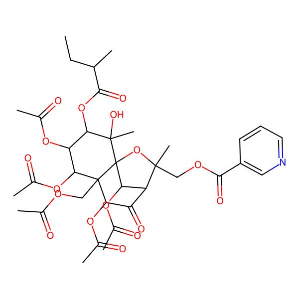 2D Structure of [(1S,2S,3S,4R,5R,6S,7S,9R,10R,12R)-4,5,7,12-tetraacetyloxy-6-(acetyloxymethyl)-2-hydroxy-2,10-dimethyl-3-[(2R)-2-methylbutanoyl]oxy-8-oxo-11-oxatricyclo[7.2.1.01,6]dodecan-10-yl]methyl pyridine-3-carboxylate
